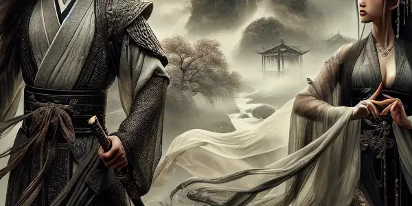 A romantic scene featuring a heroic swordsman and a graceful woman in a misty ancient Chinese landscape.