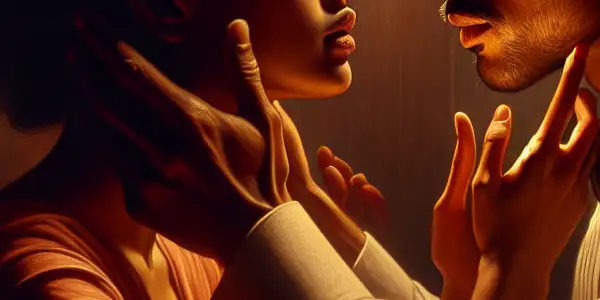 A dimly lit room with two characters sharing a passionate, emotional connection, surrounded by warm, inviting elements.