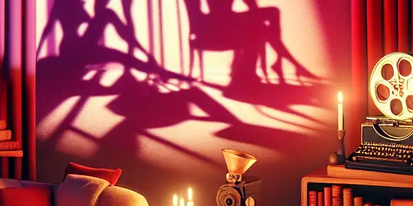 An intimate, dimly lit room filled with seductive literature, a vintage projector, and cozy reading elements.