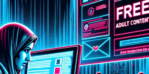 A person at a computer, anxious about a deceptive pop-up advertisement amidst a dark, ominous atmosphere.