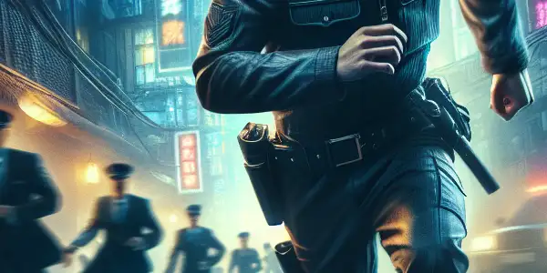 A determined Chinese police officer chases a shadowy figure through a neon-lit city alley at night.