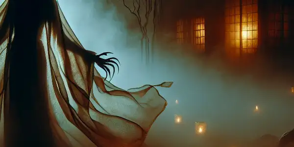 A ghostly figure in a misty, abandoned setting, blending elements of horror and sensuality with flickering candles.