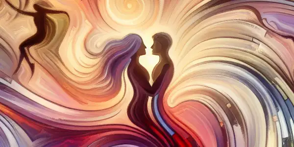 Abstract digital artwork featuring vibrant colors, swirling patterns, and silhouettes of couples in passionate embraces, evoking desire.