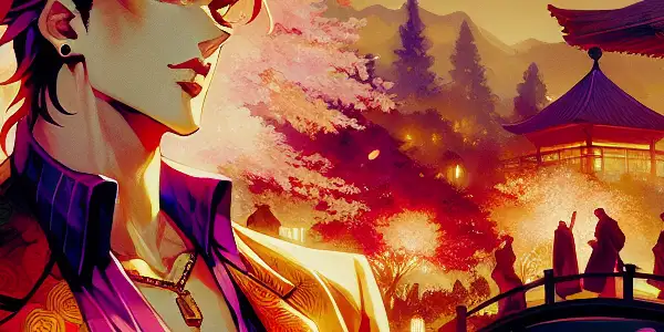 Joseph, a charismatic figure, explores a lush Japanese garden filled with cherry blossoms and lanterns, exuding playful charm.