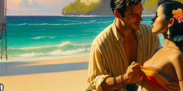 A passionate couple converses on a sunlit Caribbean beach, surrounded by palm trees and cultural elements of Cuba.