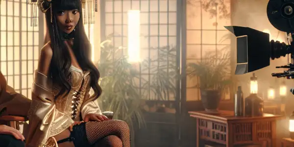 An intimate film set blending Western and Japanese styles, featuring two characters in expressive interaction.