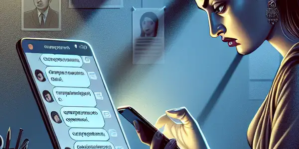 A concerned individual at a desk reports illicit adult content on a smartphone in a dimly lit room.