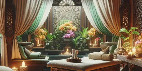 Luxurious Balinese spa room with traditional decor, soft lighting, and inviting atmosphere for relaxation and indulgence.