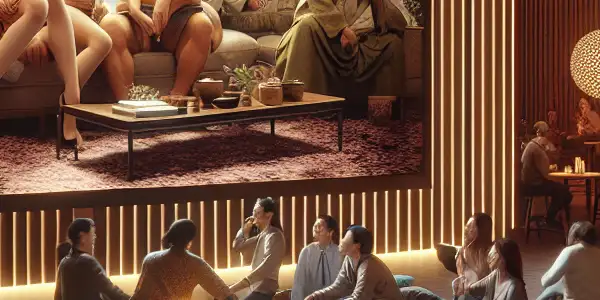 A stylish lounge with diverse people enjoying conversations and a captivating adult film on a large screen.