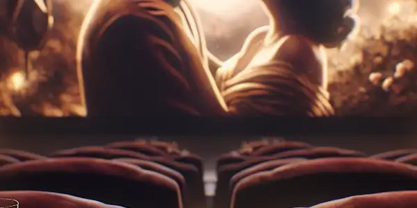 An elegant cinema interior with plush seating, a vintage screen showing a romantic scene, and elements of luxury.