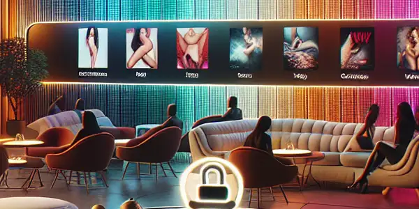 A modern digital lounge featuring a large screen for adult movie streaming, cozy seating, and privacy elements.