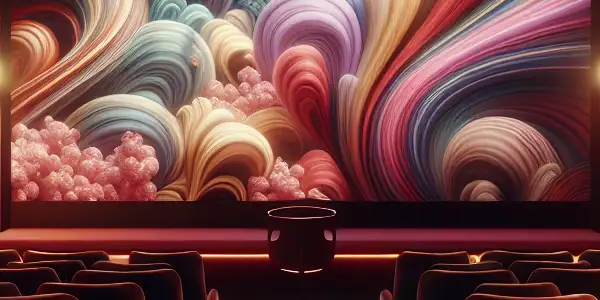 A sophisticated, dimly lit room with plush seating, a large screen displaying abstract visuals, and a popcorn machine.