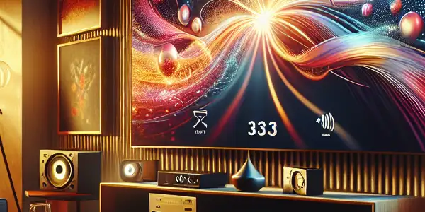 A cozy modern living room featuring a large TV displaying abstract adult content, with warm lighting and stylish decor.