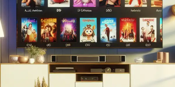 A cozy living room with a large TV displaying vibrant animated adult films and inviting decor.