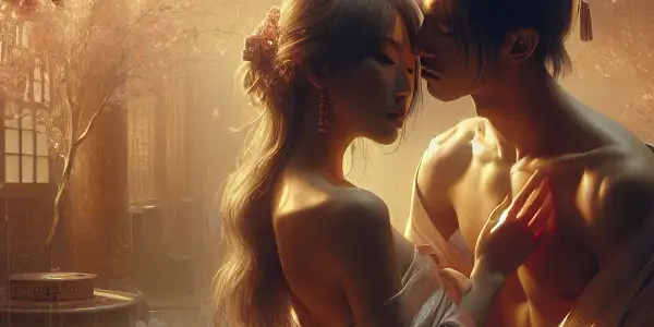 A romantic couple embracing in a serene Japanese setting adorned with cherry blossoms and soft, warm lighting.