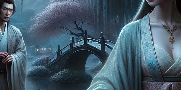 A melancholic woman and a passionate man share a moment in a serene, moonlit Chinese garden, embodying longing and desire.