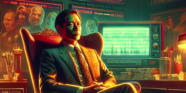 A corrupt official in a dark room watches explicit videos, surrounded by money and seductive imagery, symbolizing power and moral decay.