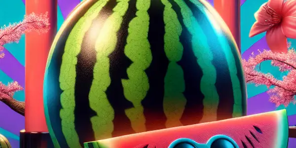 A whimsical oversized watermelon surrounded by playful props in a surreal film set with Japanese cultural elements.