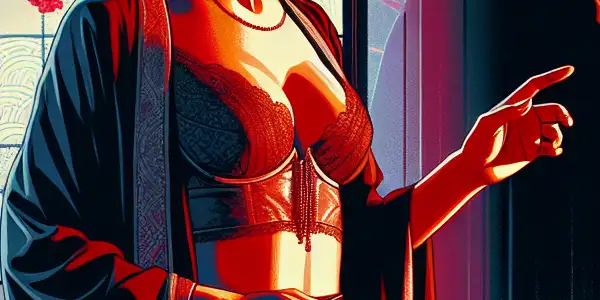 A confident female character delivers a passionate monologue in a dramatic, tension-filled setting blending traditional and modern Japanese elements.