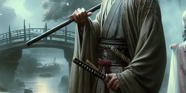 A heroic swordsman and an enchanting woman share a tense, romantic moment in a misty bamboo forest by moonlight.