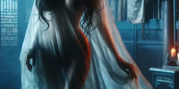 A haunting female ghost in translucent garments, set in a dimly lit traditional Korean environment.