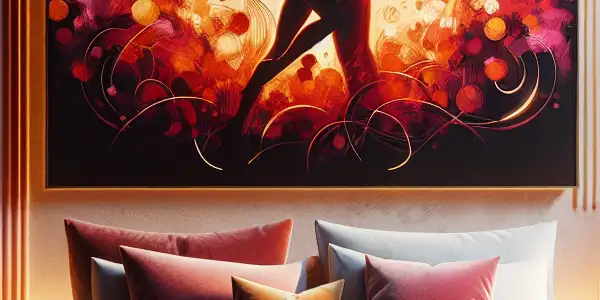 A contemporary bedroom setting evoking intimacy, featuring abstract sensual imagery and cozy, indulgent elements.