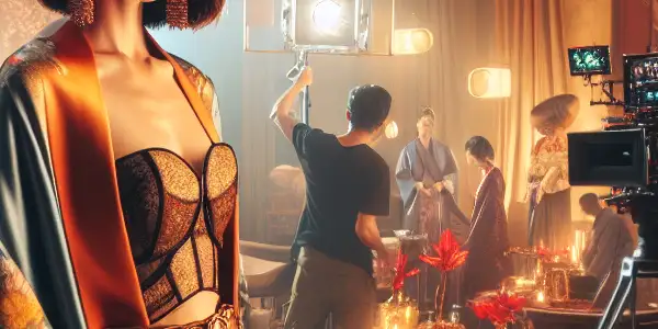 A glamorous Japanese film set featuring an AV star in elegant attire, surrounded by a busy film crew.